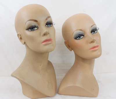 2 Vintage Fiberglass Mannequin Head Wig Painted Eyes Halloween Bust Eyelashes - Image 1 of 4
