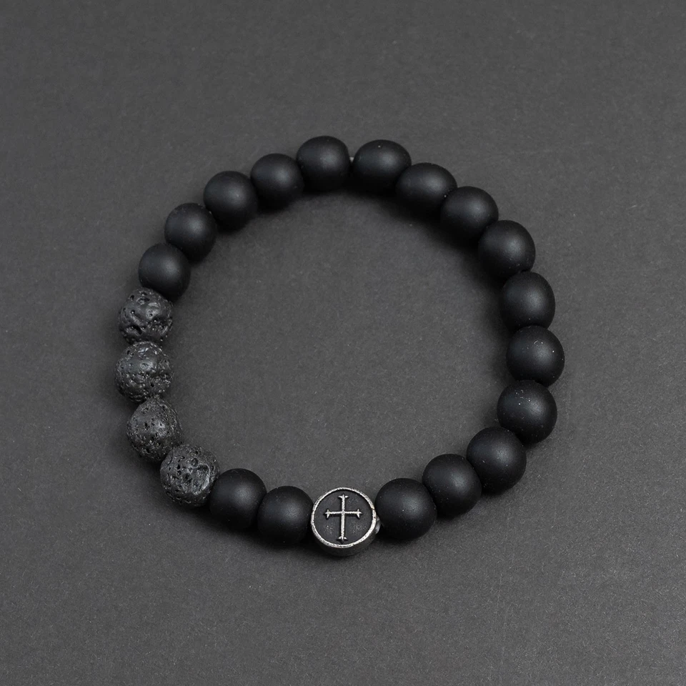 Armband Edelstahl Herren Kreuz Lavastein Stein Perlen Stretch Schwarz Unisex - Bild 1 von 1
