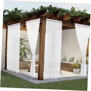 White Sheer Outdoor Curtains for Patio Waterproof 2 Panels Linen Look Rod - Picture 1 of 8