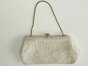 Vintage White Beaded Purse Clutch Bag Handbag Thin Gold Chain Handle - Picture 1 of 10