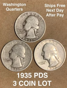 1935 PDS Washington Silver Quarters, Lot of 3 90% Silver 25-Cent Coins, 25C - Picture 1 of 8