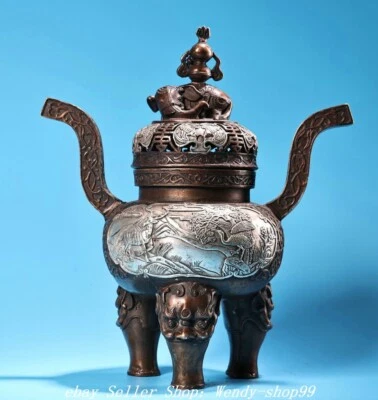 10" Qianlong Cobre Plata Dragón León Grulla Ciervo Elefante Quemador de Incienso Censario Foto 1 de 4