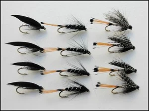 Wet Trout Flies, 12 Pack, Black Pennel, Peter Ross & Magpie & Silver, Size 12/14 - Picture 1 of 4