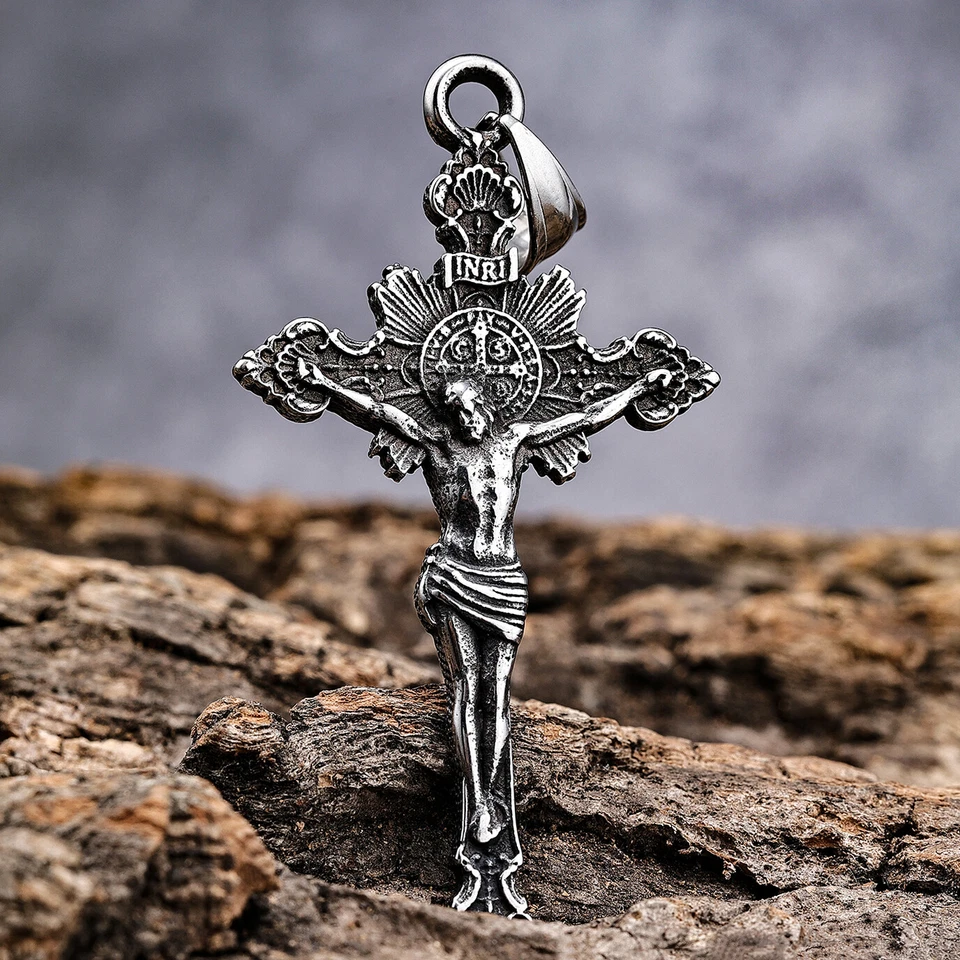 Collar Colgante Cruz Crucifijo Cara Jesucristo INRI Acero Inoxidable Vintage Foto 1 de 4