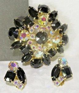 Fabulous Black Glass & Amber Aurora Rhinestone Vintage Set - Brooch PIN Earring - Picture 1 of 5