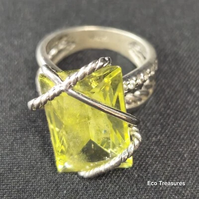 Sterling Silver Ring Topaz Large Natural Lemon 925 Rectangle Handmade Size 8 Foto 1 de 4
