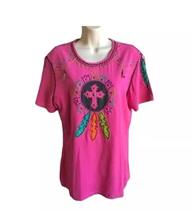 Women’s Large T-Shirt Pink Short Sleeve Scoop Neck Embellished Tee Sassy Sistas - Picture 1 of 15