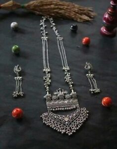 Indian Antique Silver Oxidized Temple Long chain Necklace with Earrings