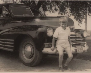 Boy Vintage Car Bumper Smiling Park 1940s Portrait - Picture 1 of 3