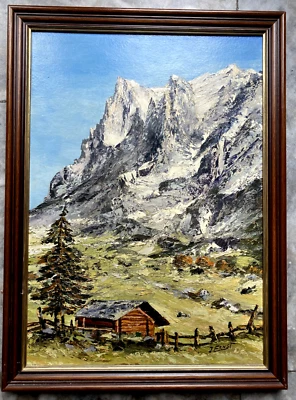 Pintura al óleo Wetterhorn en Grindelwald Suiza Cabaña Alm Rocks Montañas Cinturón Foto 1 de 4