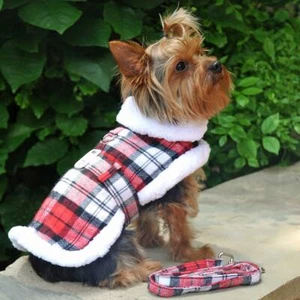 NEW ✨ Sherpa-Lined Dog Harness Coat | Classic Red & White Plaid with Leash - Picture 1 of 4