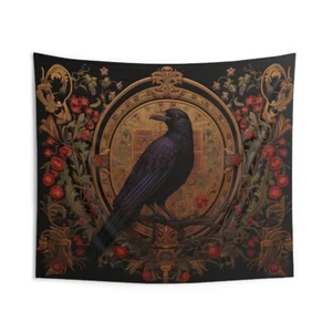 Medieval Tapestry Featuring a Raven and Roses | Raven Goth Wall Art Decor - Picture 1 of 5