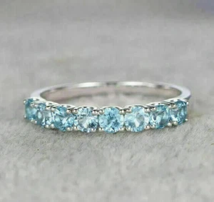 Half Eternity Band 1.6Ct Round Cut Created Blue Aquamarine 14K White Gold Finish - Picture 1 of 5