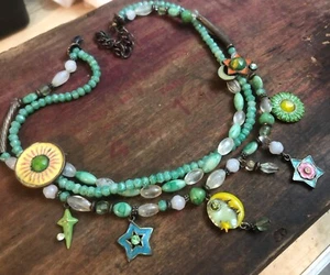 Triple Strand Jadeite/Clear Glass Beaded Enameled Metal Celestial Necklace 18" - Picture 1 of 8