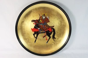 Vintage Japanese Toyo Black Lacquer Ware Gold Leaf Samurai Charger Plate 13" EXC - Picture 1 of 9