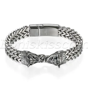 Men Cool Stainless Steel Double Dragon Head Magnetic Buckle Bracelet Bangle Cuff - Picture 1 of 7