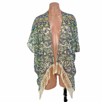 [becca] fringe trim swim coverup kaftan blue Paisley Floral XS - Image 1 of 4