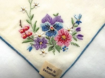 VINTAGE HANKY EMBROIDERED PETIT POINT FLORALS NEW W/TAG SWISS 1930s LOVELY - Image 1 of 4