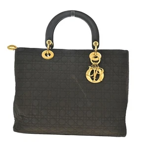 CHRISTIAN DIOR Logo Lady Cannage Hand Bag Nylon Leather Brown GHW Italy 70YH689 - Picture 1 of 17