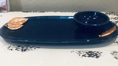 * New* Grasslands Road Serving Tray W/ Dip Bowl Dark Blue Copper Leaves 13” - Image 1 of 4