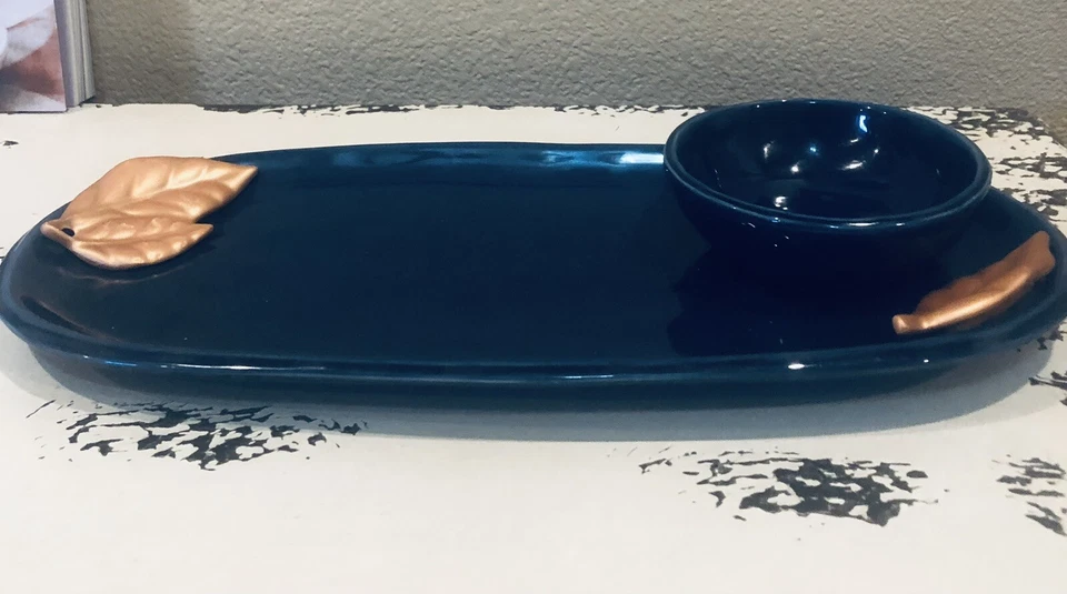 * New* Grasslands Road Serving Tray W/ Dip Bowl Dark Blue Copper Leaves 13” - Image 1 of 4