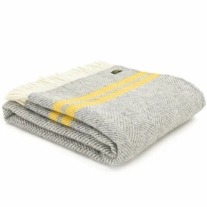 TWEEDMILL TEXTILE 100%Wool Throw Sofa Blanket FISHBONE SILVER GREY YELLOW STRIPE - Picture 1 of 12