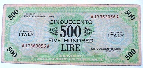 1943-A Italy 500 Lire VF Original AMC Allied Military Currency Paper Money M-22a Cover