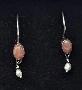 Sunstone Freshwater pearl beaded drop sterling silver vintage earrings - Picture 1 of 7