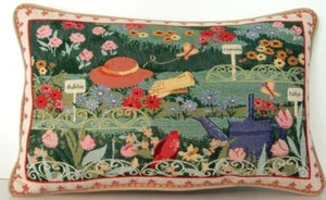 Flowers - Assorted  Flowers In Garden, Hat, Gloves, Border, Tapestry Pillow New - Picture 1 of 8