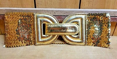 Disfraz Retro 4"x26" Vintage Años 80 DISCO Lentejuelas Doradas CINTURÓN ELÁSTICO Cintura Ajustador Foto 1 de 4