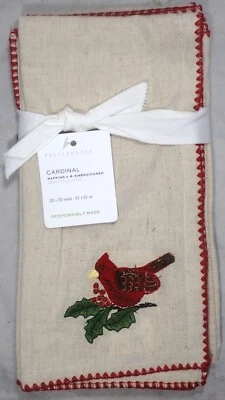 NUEVO CON ETIQUETAS JUEGO DE 4 SERVILLETAS BORDADAS CARDINALES DE GRANERO DE CERÁMICA 20"x20" LINO/ALGODÓN Foto 1 de 4