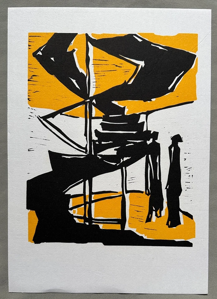 Helga Hanisch Farblinolschnitt, Titel: Im Foyer, gelb, nicht signiert - Bild 1 von 1