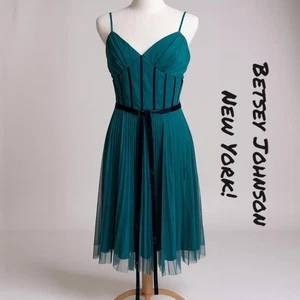 Betsey Johnson VNTG Gr. 8 türkis Chiffon Faltenrock mit blauem Samt Gürtel Kleid - Bild 1 von 10