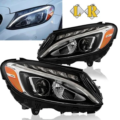 Left & Right Set LED Headlight For 2015-2018 Mercedes Benz W205 C Class C300 - Imagem 1 de 4