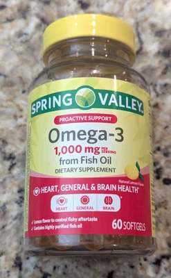 Spring Valley Omega-3 Fish Oil 1,000mg Heart Brain Health 60 softgels exp: 02/27 - Image 1 of 4