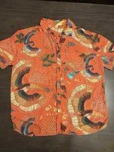Farm Rio Orange Flower Boho Floral Bird Toucan Silk Shirt Blouse Sz M - Picture 1 of 4