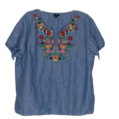 Talbots Plus Petite Размер 2Xp Шамбре Топ Вышитый Yoke Tie Рукав Льняной Бонд - Изображение 1 из 4