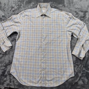 Peter Millar Shirt Mens Large Blue Brown Plaid Button Down 100% Cotton - Picture 1 of 9