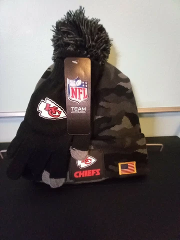 NFL Kansas City Chiefs Salute To service Black Camo Beanie And Glove Set One Sz Cover