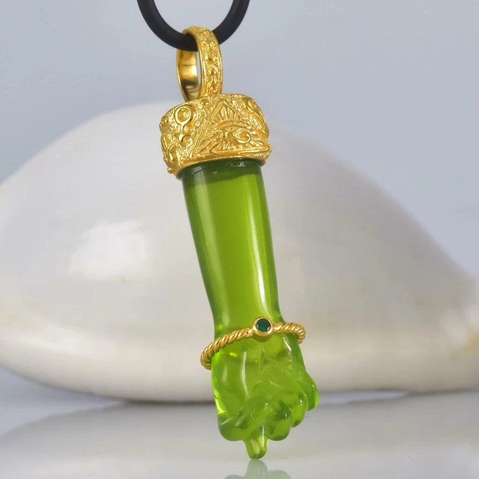 Gold Vermeil Sterling Mano Fico Figa Anhänger Geschnitzt Chalzedon Smaragd 10.55 - Bild 1 von 4