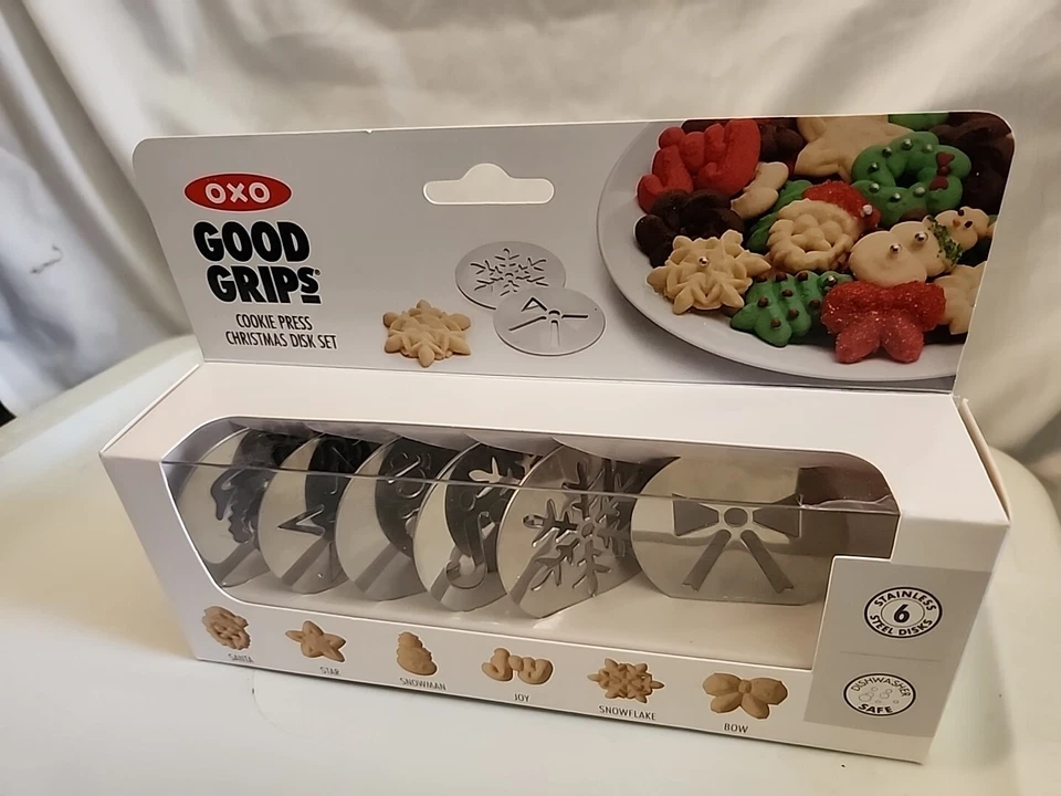 OXO Good Grips Cookie Press Christmas 6 Disk Set Santa Snowman Joy Snowflake