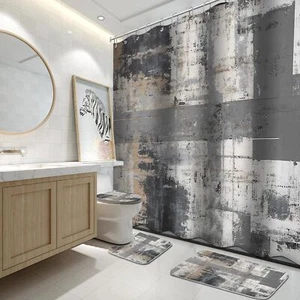 4-Pcs Black & Grey Bathroom Set Shower Curtain with Rugs & Accessories - Picture 1 of 7