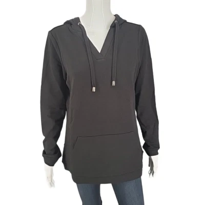 Denim Co Active French Terry V-Neck Pullover Hoodie Small Sz Black Top w Pockets - Image 1 of 4