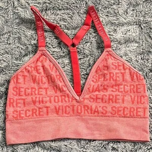 Victorias Secret Women’s Coral Pink Text All Over Print AOP Bralette Size Medium - Picture 1 of 5