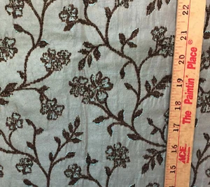 Fabric Floral Vines Leaves Woven Embroidered Design Teal Brown 15 x 55 Crafts - Picture 1 of 3