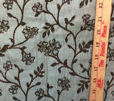 Fabric Floral Vines Leaves Woven Embroidered Design Teal Brown 15 x 55 Crafts - Image 1 of 3