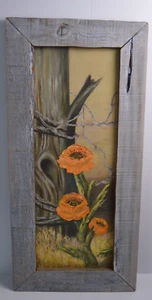 Original Desert Cactus Flower Art Painting On Canvas Barbed Wire Signed Framed - Picture 1 of 24