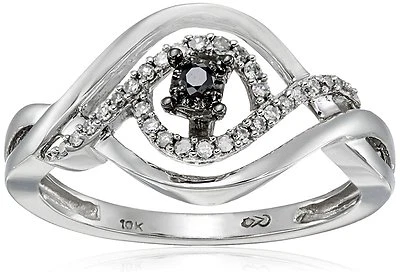 NEW 1/8ct Black Diamond Swirled Halo Promise Ring Band- White 10k Gold- Size 6 - Image 1 of 4