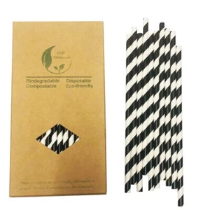 Black Striped Paper Straws Pack Of 100 Black White Stripes Paper Straws 100% Bio - Picture 1 of 9