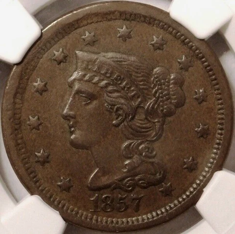 1857 SMALL DATE BRAIDED HAIR LARGE CENT, AWESOME CONDITION, NGC GRADED AU 55 BN Cover